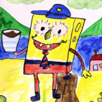 SpongeBob SquarePants dressed as a mailman drinking a cup of coffee in a mountainside scene, watercolors by 5 year old