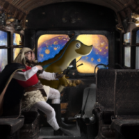 Super Mario dressed as a medieval knight riding a pterodactyl in the back of a bus, Baroque painting