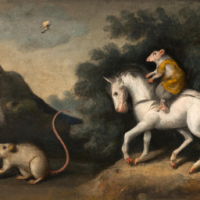 A mouse riding on a horse in a mountainside scene, Painting by Rembrandt