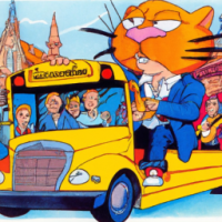 Garfield conduisant un autobus scolaire lors d'un concert de rock, peinture de Léonard de Vinci